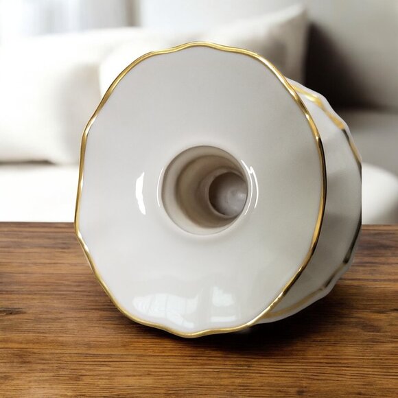 Set-2 Lenox Symphony Candle Holders Ivory China w/Gold Trim 1980's Made in USA - Picture 8 of 11